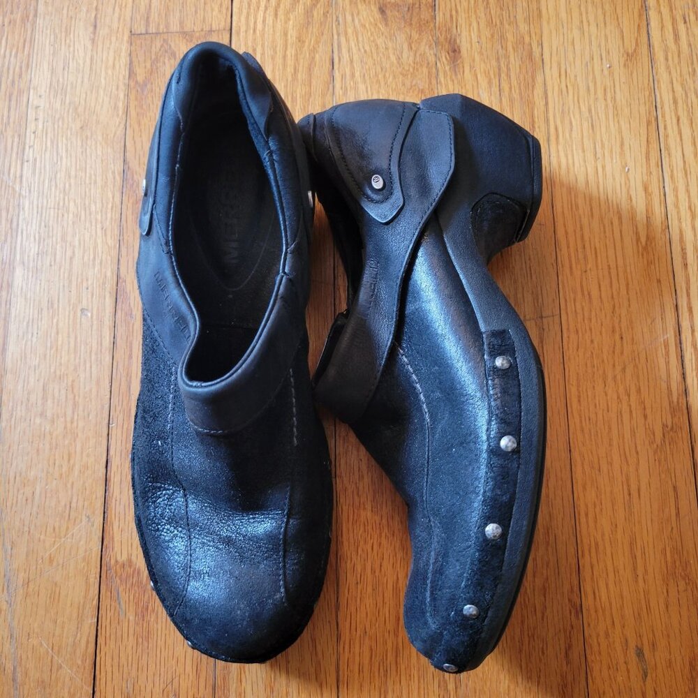 Merrell 8 Black Leather Flats Shoes Clogs Comfort LUXE WRAP Studded